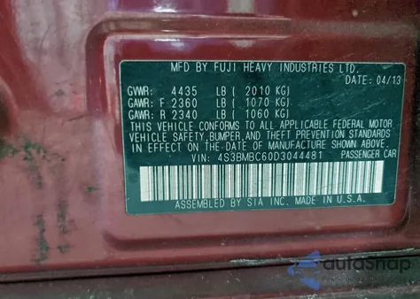 2013 Subaru Legacy 2.5I Premium z USA, uszkodzony, nr VIN 4S3BMBC60D3044481